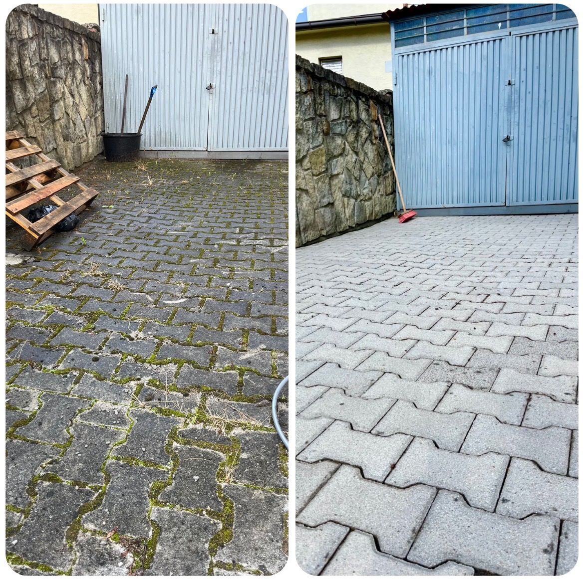 Kostka brukowa przed i po czyszczeniu: po lewej zaniedbana, z mchem, po prawej czysta, szara. W tle brama garażowa i kamienny mur.