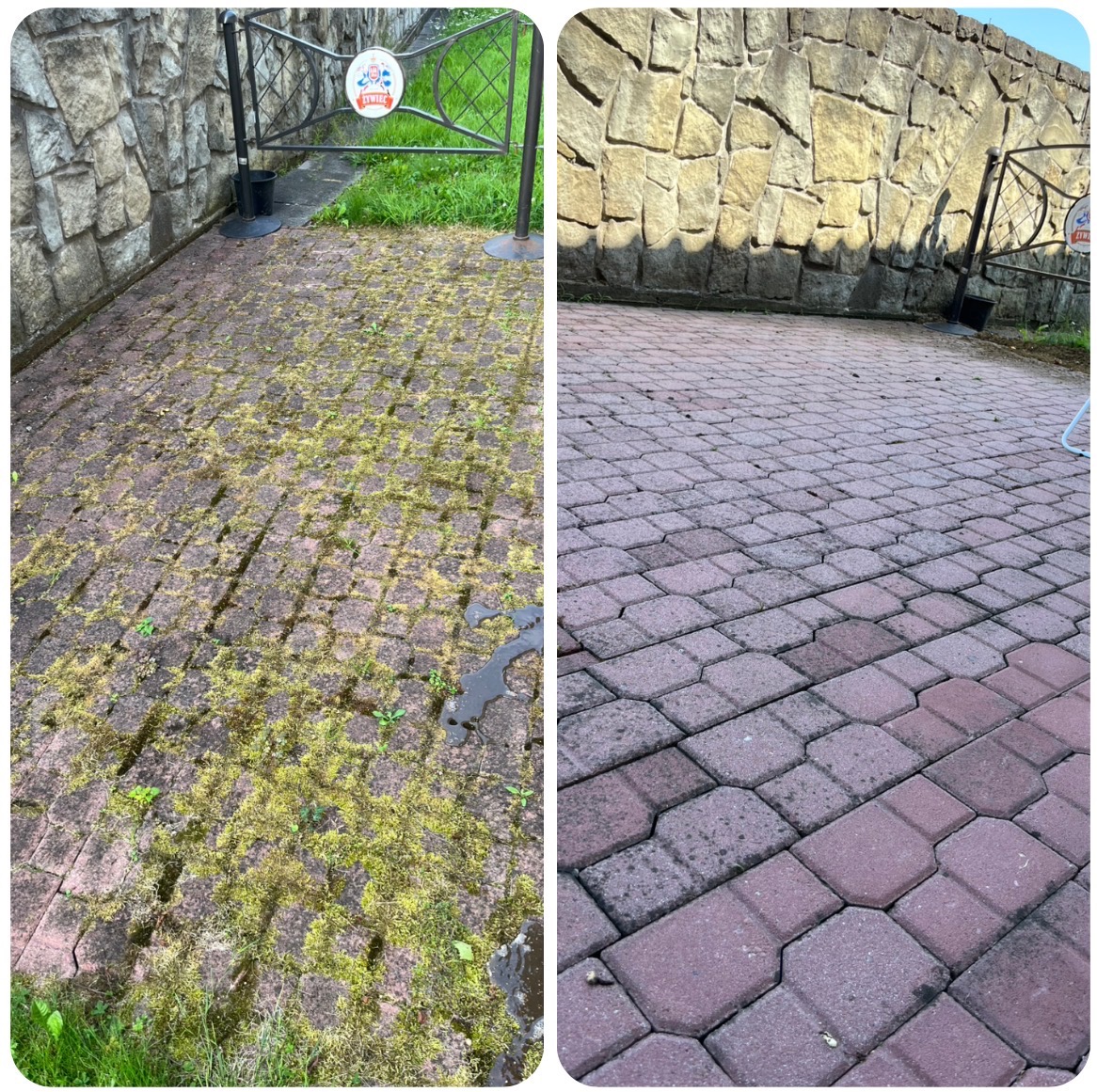 Efekt czyszczenia kostki brukowej: po lewej zaniedbana, porośnięta mchem, po prawej wyczyszczona, ukazująca czerwoną barwę. Widoczne ogrodzenie i kamienny mur.