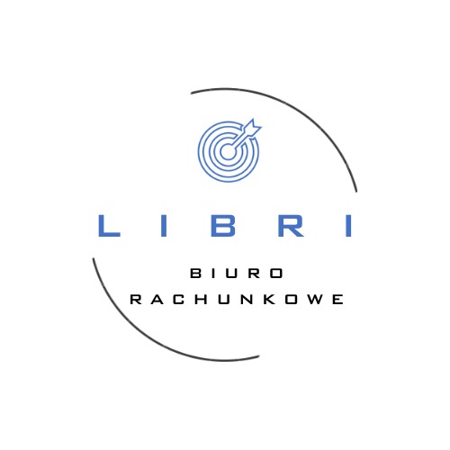 Logo firmy LIBRI Biuro Rachunkowe z niebieskim symbolem tarczy i strzały, otoczone półokręgami. Minimalistyczny design na białym tle.