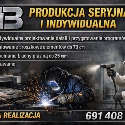 Mateusz Bratz - Plakat reklamowy: produkcja seryjna i indywidualna, spawanie, malowanie proszkowe, wycinanie plazmą. Spawacz w akcji, iskry, szybka realizacja, numer telefonu.