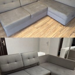 Slawek Karbivnychyi - Zdjęcie przedstawia szarą, narożną kanapę z funkcją spania, sfotografowaną przed i po. Widoczne różnice w czystości tapicerki i odświeżonym wyglądzie mebla.
