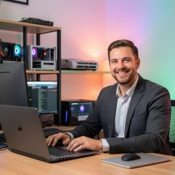 Serwis Komputerowy Naprawa Komputerów Laptopów Siemianowice Śląskie z dojazdem mobilny informatyk pogotowie IT usługi informatyczne - Uśmiechnięty informatyk w garniturze pracuje na laptopie Apple. W tle półka z podzespołami komputerowymi i monitor Alienware. Kolorowe oświetlenie LED.