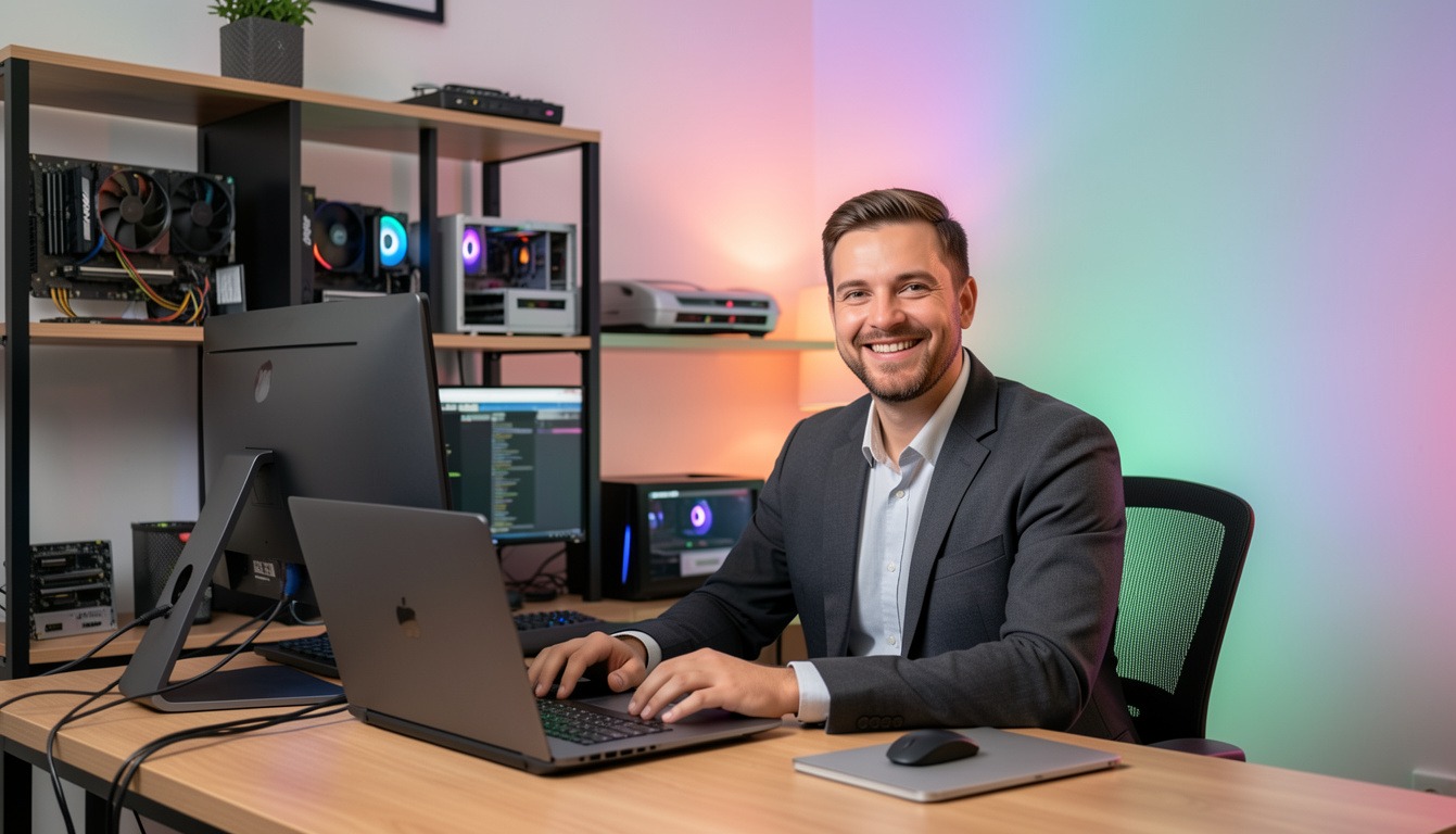 Uśmiechnięty informatyk w garniturze pracuje na laptopie Apple. W tle półka z podzespołami komputerowymi i monitor Alienware. Kolorowe oświetlenie LED.