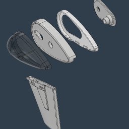 4AirSafe sp. z o.o. - Rozłożony model 3D urządzenia elektronicznego do samolotu, z widocznymi elementami obudowy i wewnętrznymi komponentami, na ciemnym tle. Precyzyjny rendering CAD.