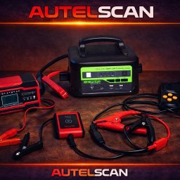 Autel Scan Profesjonalna diagnostyka samochodowa. - Zestaw urządzeń diagnostycznych AutelScan: ładowarka akumulatorów, tester i kable z zaciskami. Prezentacja narzędzi warsztatowych w ciemnym otoczeniu.