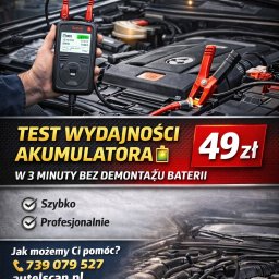 Autel Scan Profesjonalna diagnostyka samochodowa. - Test akumulatora: ręka trzyma tester Autel Scan, kable podłączone do akumulatora w samochodzie. Szybka diagnostyka bez demontażu, Józefosław/Piaseczno.