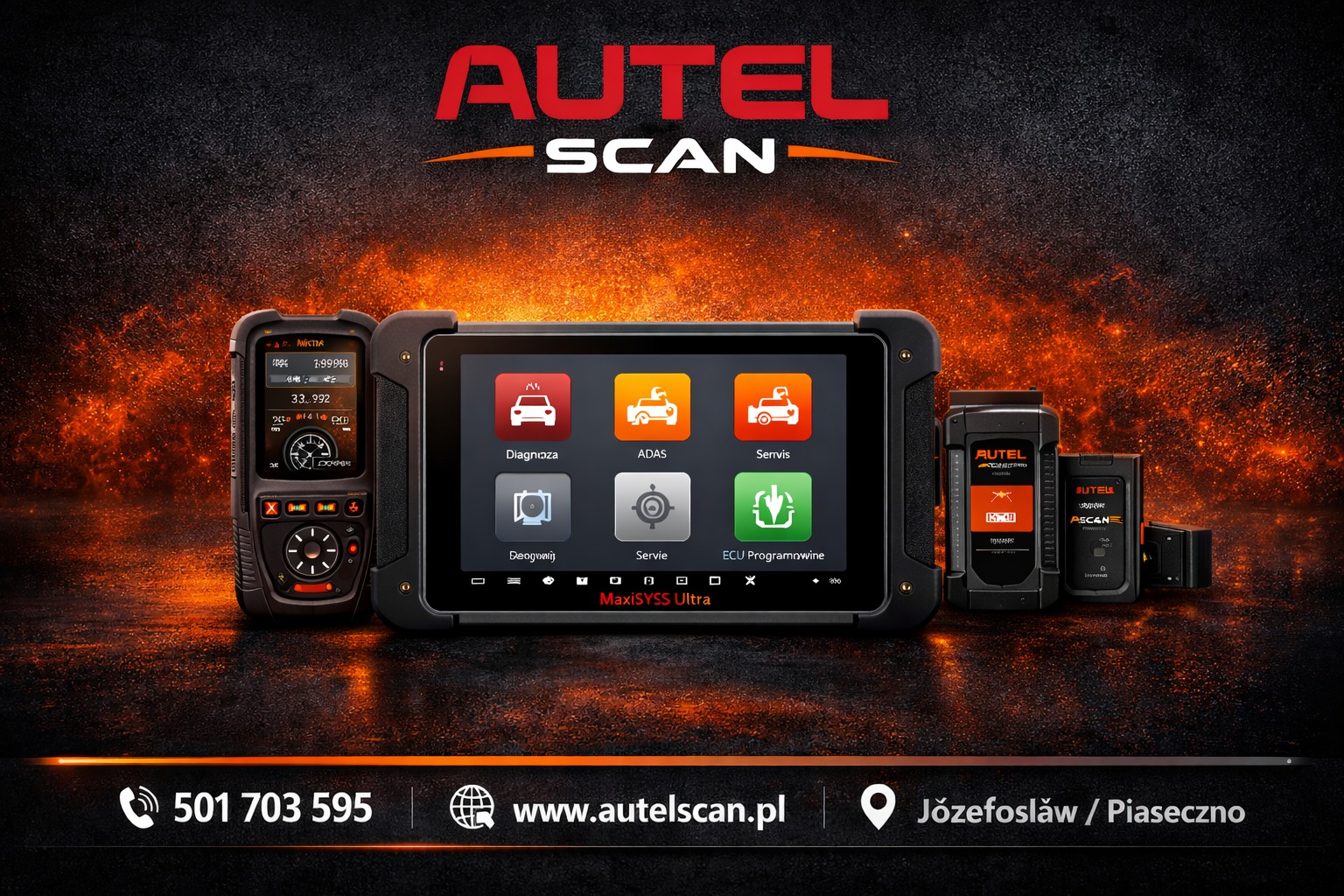 Zestaw urządzeń diagnostycznych Autel Scan: tablet MaxiSYS Ultra, moduły komunikacyjne, interfejs użytkownika z ikonami diagnostyki, ADAS, serwisu i programowania ECU.