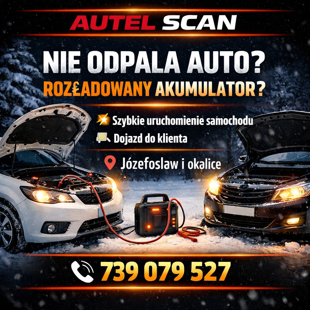 Uruchamianie auta z rozładowanym akumulatorem za pomocą boostera. Dwa samochody z otwartymi maskami, kable rozruchowe, booster. Numer telefonu na dole grafiki.