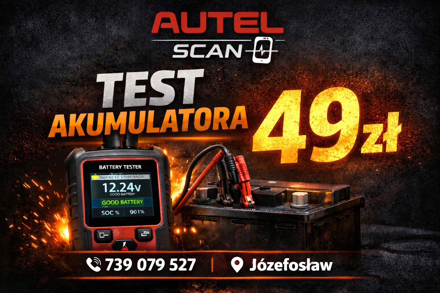 Promocja: Test akumulatora za 49 zł. Tester akumulatora Autel z wynikami pomiaru napięcia 12.24V i stanu naładowania 901% na tle akumulatora. Kontakt: 739 079 527, Józefosław.
