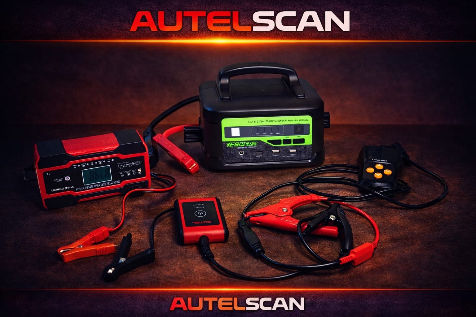 Zestaw urządzeń diagnostycznych AutelScan: ładowarka akumulatorów, tester i kable z zaciskami. Prezentacja narzędzi warsztatowych w ciemnym otoczeniu.