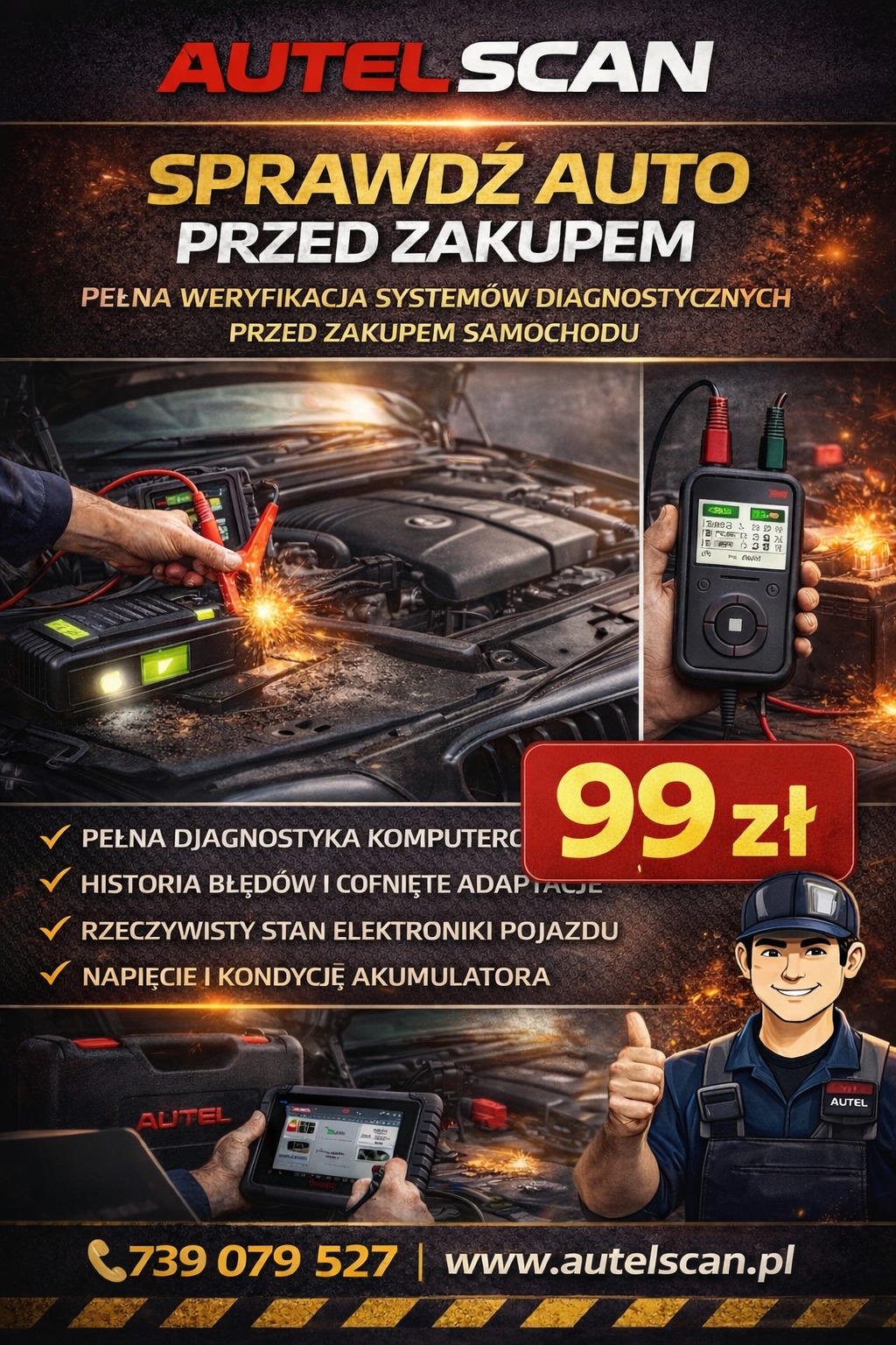 Diagnostyka auta przed zakupem. Tester akumulatora w akcji, sprawdzanie napięcia. Pełna weryfikacja systemów diagnostycznych. Oferta w cenie 99 zł.