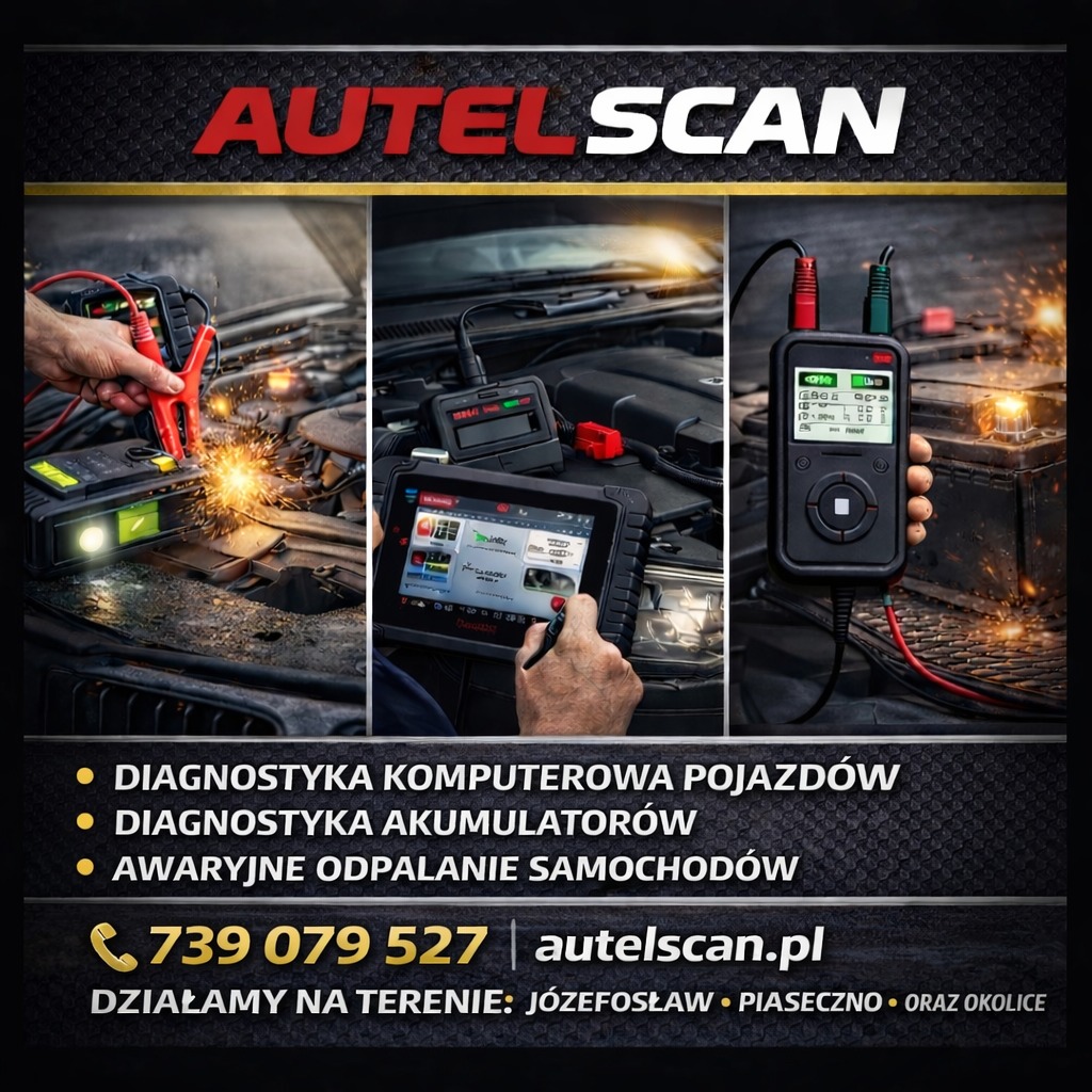 Diagnostyka komputerowa pojazdów: tester akumulatorów, tablet diagnostyczny i urządzenie do awaryjnego odpalania. Widoczne iskry podczas podłączania.