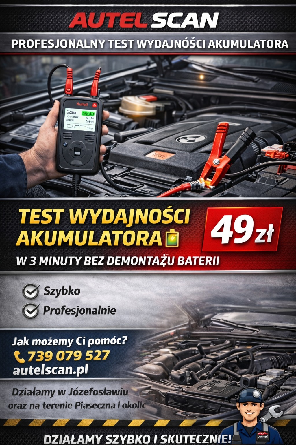 Test akumulatora: ręka trzyma tester Autel Scan, kable podłączone do akumulatora w samochodzie. Szybka diagnostyka bez demontażu, Józefosław/Piaseczno.