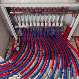 Rozdzielacz ogrzewania podłogowego z rurami w kolorach czerwonym i niebieskim, ułożonymi na izolacji z folią aluminiową. Widoczny manometr i biała szafka rozdzielcza.