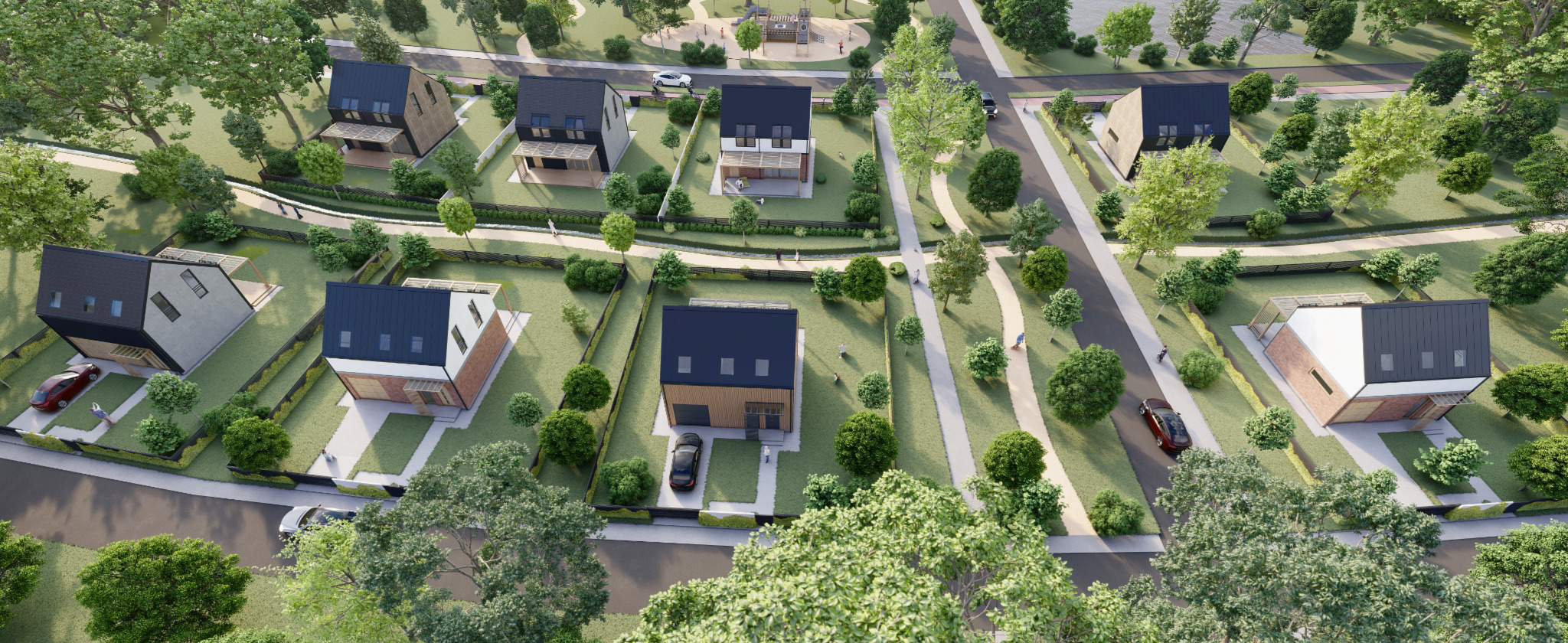 Wizualizacja osiedla domów jednorodzinnych z lotu ptaka, nowoczesna architektura, ciemne dachy, jasne elewacje, zadbane ogrody, alejki spacerowe, plac zabaw w tle.
