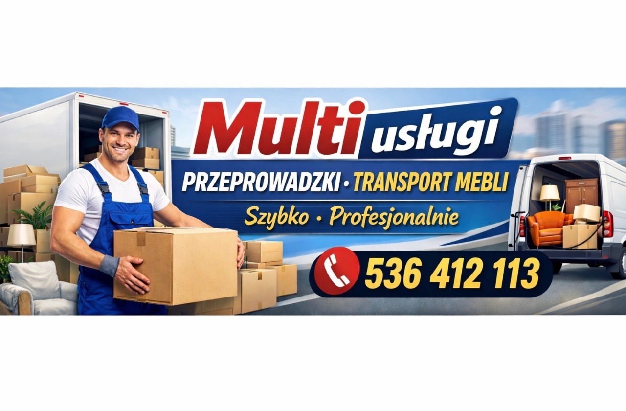 Uśmiechnięty pracownik w uniformie trzyma karton na tle busa z meblami i logo firmy przeprowadzkowej. Szybko i profesjonalnie.