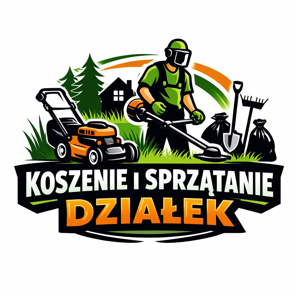Grafika: Koszenie i sprzątanie działek. Ilustracja przedstawia ogrodnika z kosiarką, podkaszarką, workami na śmieci, szpadlem i grabiami na tle domu i drzew.