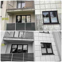 Aquacleaning24 - Porównanie elewacji i okien przed i po czyszczeniu. Widoczne różnice w kolorze i czystości powierzchni. Balkony z barierkami.