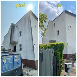 Aquacleaning24 - Efekt mycia elewacji budynku: porównanie stanu przed i po czyszczeniu. Widoczne różnice w czystości fasady, z lewej strony zabrudzona, z prawej czysta.