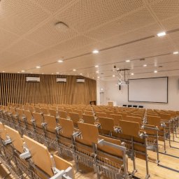 Pro Acoustic Ireneusz Tolak - Sala konferencyjna z rzędami krzeseł, drewnianą podłogą i ścianami z paneli. Sufit podwieszany z oświetleniem. Widoczny ekran projekcyjny i klimatyzacja.