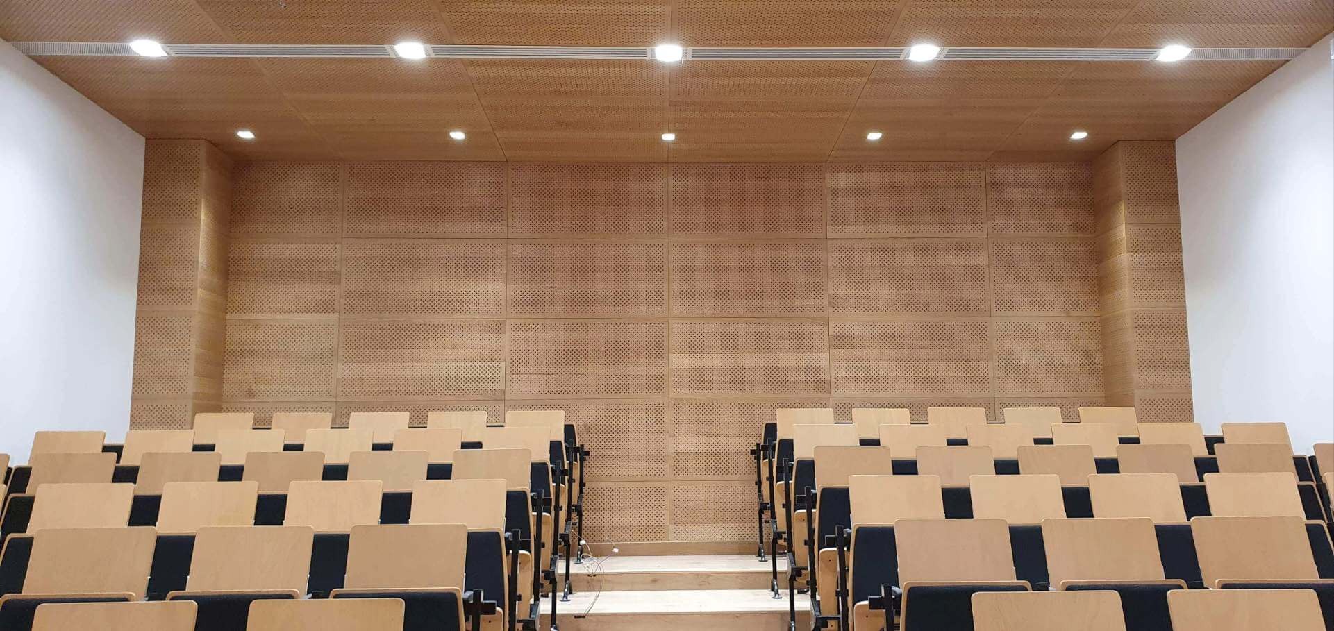 Sala konferencyjna z drewnianą okładziną akustyczną i rzędami krzeseł w Karczewie. Widoczne oświetlenie sufitowe i perforowane panele ścienne.