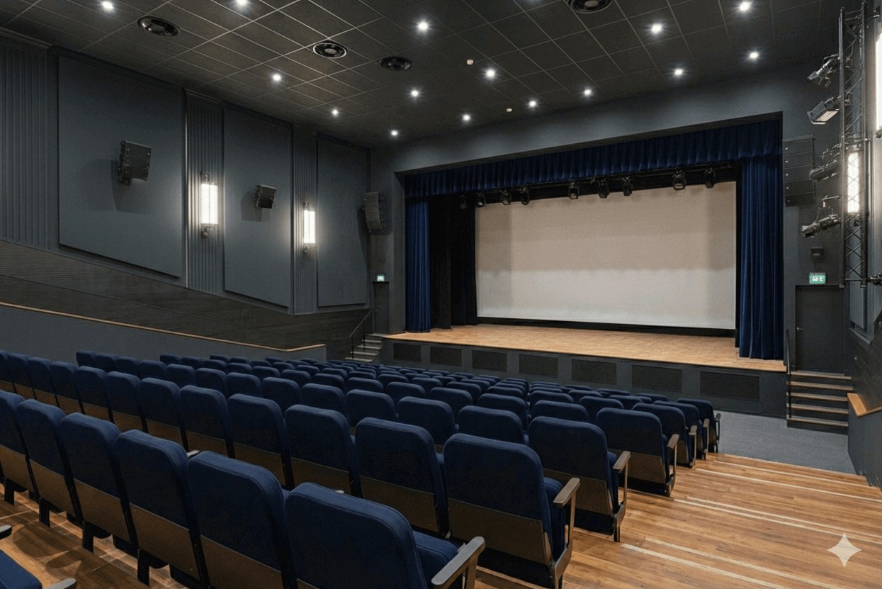 Sala kinowa z rzędami niebieskich foteli, drewnianą podłogą i sceną z niebieskimi zasłonami. Oświetlenie punktowe na suficie i reflektory sceniczne.