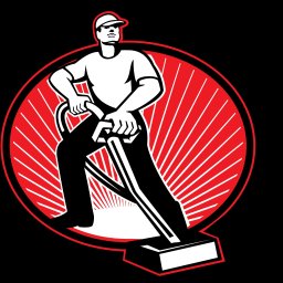 bluestart.kak - Grafika: Stylizowany mężczyzna w czapce, obsługujący maszynę czyszczącą na tle czerwonego okręgu z promieniami, na czarnym tle.