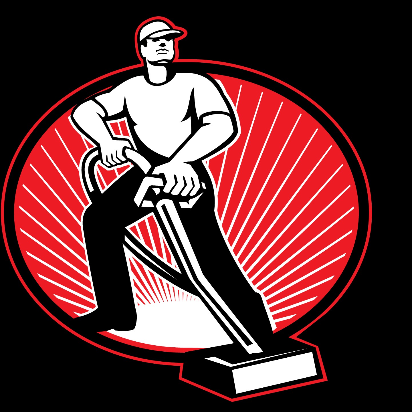 Grafika: Stylizowany mężczyzna w czapce, obsługujący maszynę czyszczącą na tle czerwonego okręgu z promieniami, na czarnym tle.