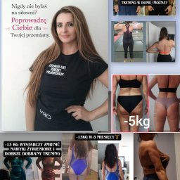 Ewa Iwańska - Trenerka personalna Ewa Iwańska prezentuje efekty metamorfoz klientów: zdjęcia przed i po treningach, z widoczną utratą wagi. Tekst zachęca do zmiany.