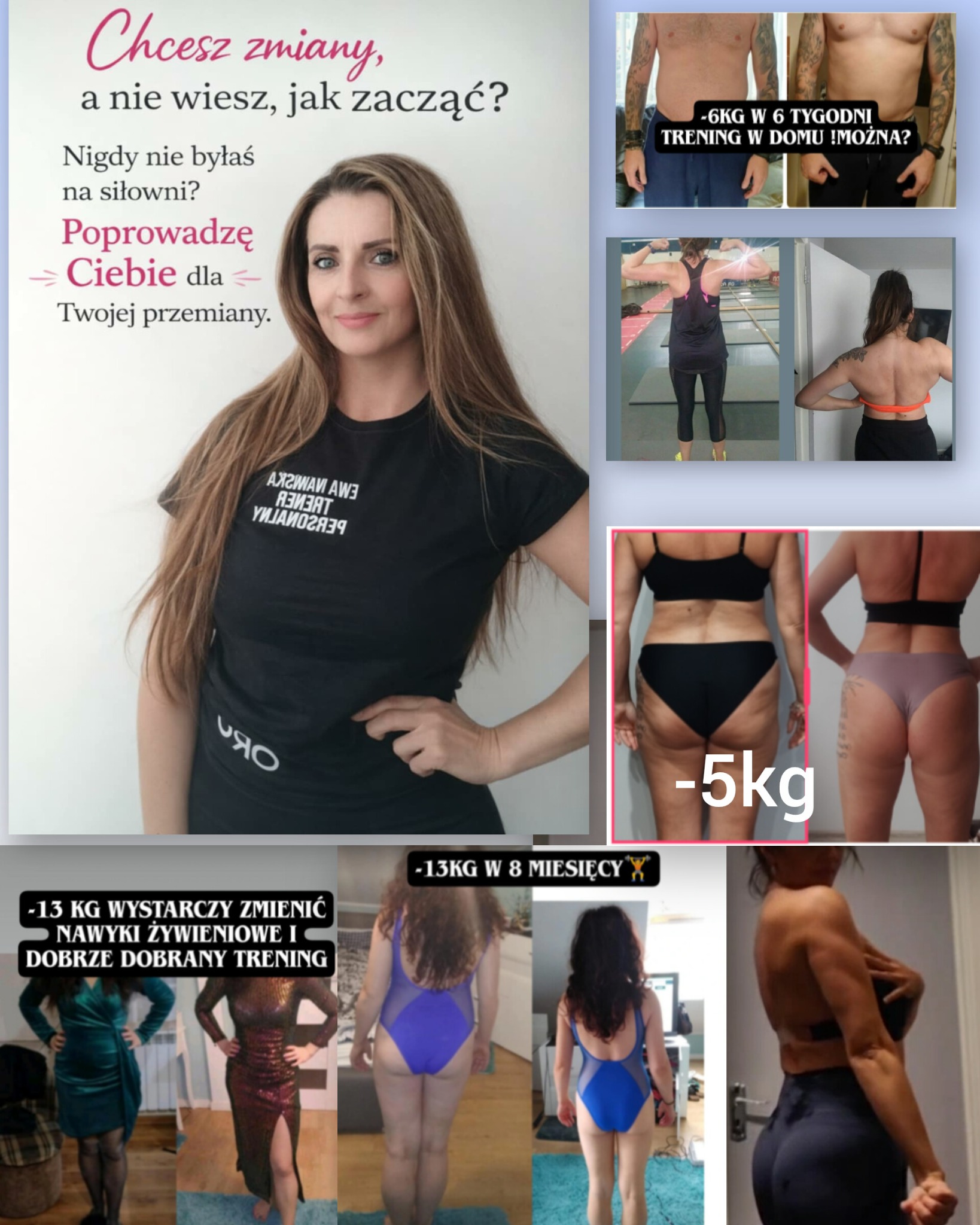 Trenerka personalna Ewa Iwańska prezentuje efekty metamorfoz klientów: zdjęcia przed i po treningach, z widoczną utratą wagi. Tekst zachęca do zmiany.