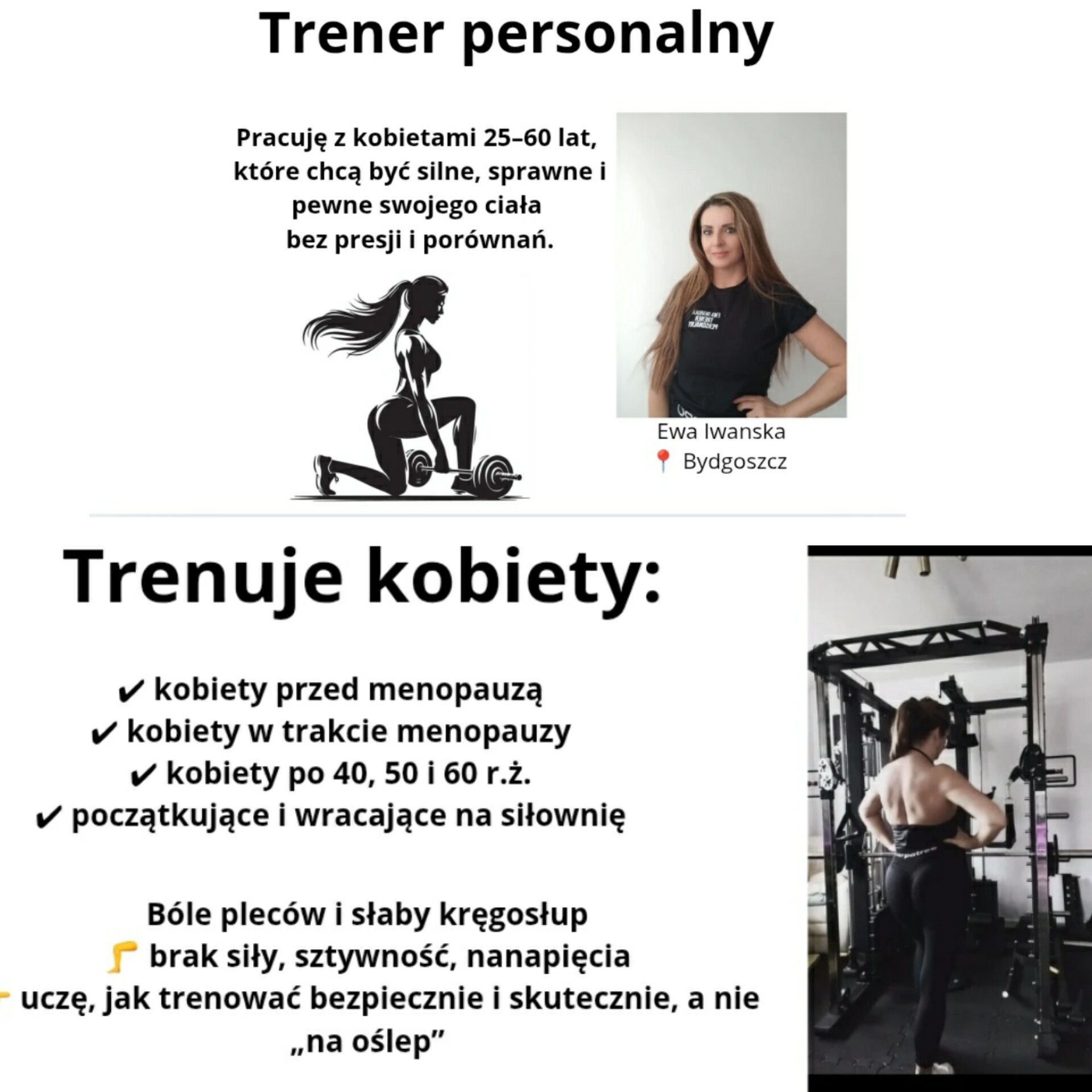Grafika z ofertą treningów personalnych dla kobiet 25-60 lat. Sylwetka kobiety ćwiczącej z ciężarami, zdjęcie trenerki Ewy Iwańskiej i kobiety ćwiczącej na siłowni.