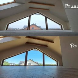 Piotr Gajda - Poddasze ze skośnym oknem w ujęciu 'przed' - surowe ściany i podłoga, oraz 'po' - pomalowane ściany i ułożona podłoga z paneli. Widok na zewnątrz.