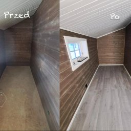 Piotr Gajda - Zdjęcie 'przed i po' przedstawia małe pomieszczenie z drewnianymi panelami. Po remoncie: jasna podłoga, biały sufit i listwy przypodłogowe. Okno z parapetem.