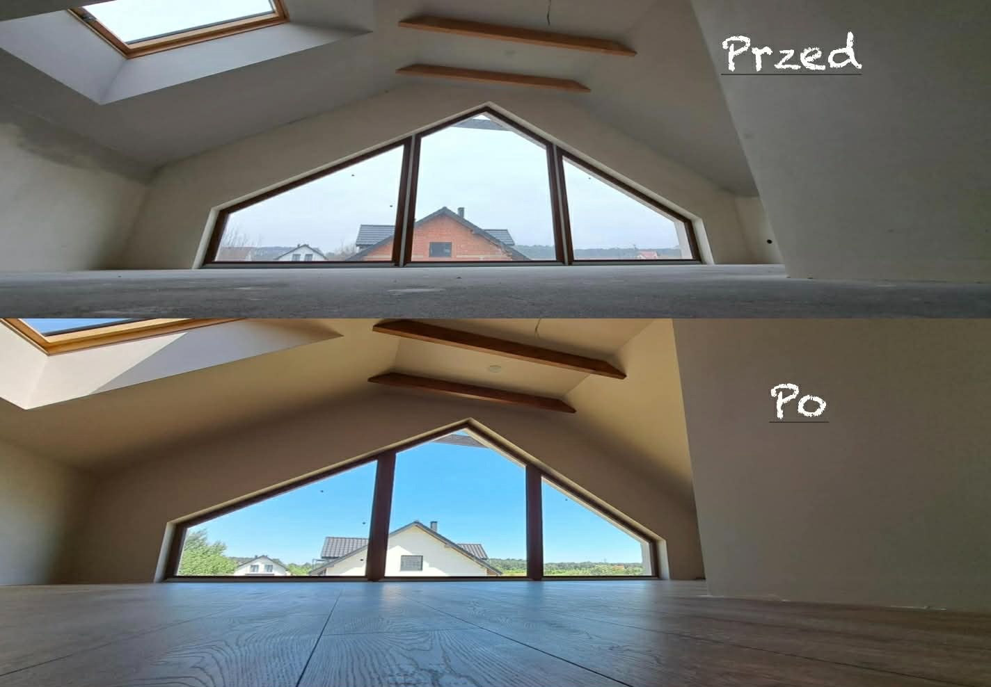 Poddasze ze skośnym oknem w ujęciu 'przed' - surowe ściany i podłoga, oraz 'po' - pomalowane ściany i ułożona podłoga z paneli. Widok na zewnątrz.