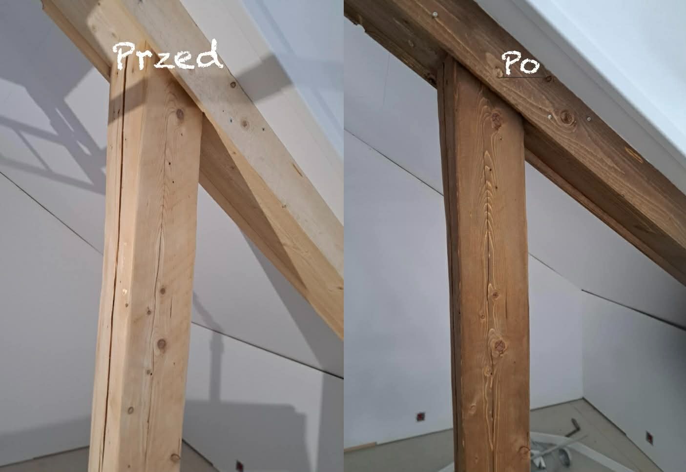 Drewniana belka stropowa w skosie dachu: surowe drewno (przed) i bejcowana (po). Widoczne sęki i usłojenie drewna. Ujęcie z dołu, perspektywa podkreśla skos.