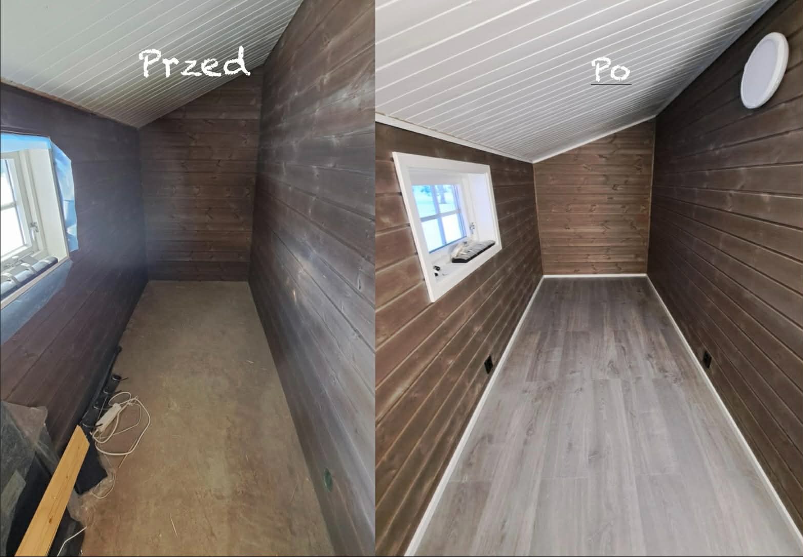 Zdjęcie 'przed i po' przedstawia małe pomieszczenie z drewnianymi panelami. Po remoncie: jasna podłoga, biały sufit i listwy przypodłogowe. Okno z parapetem.