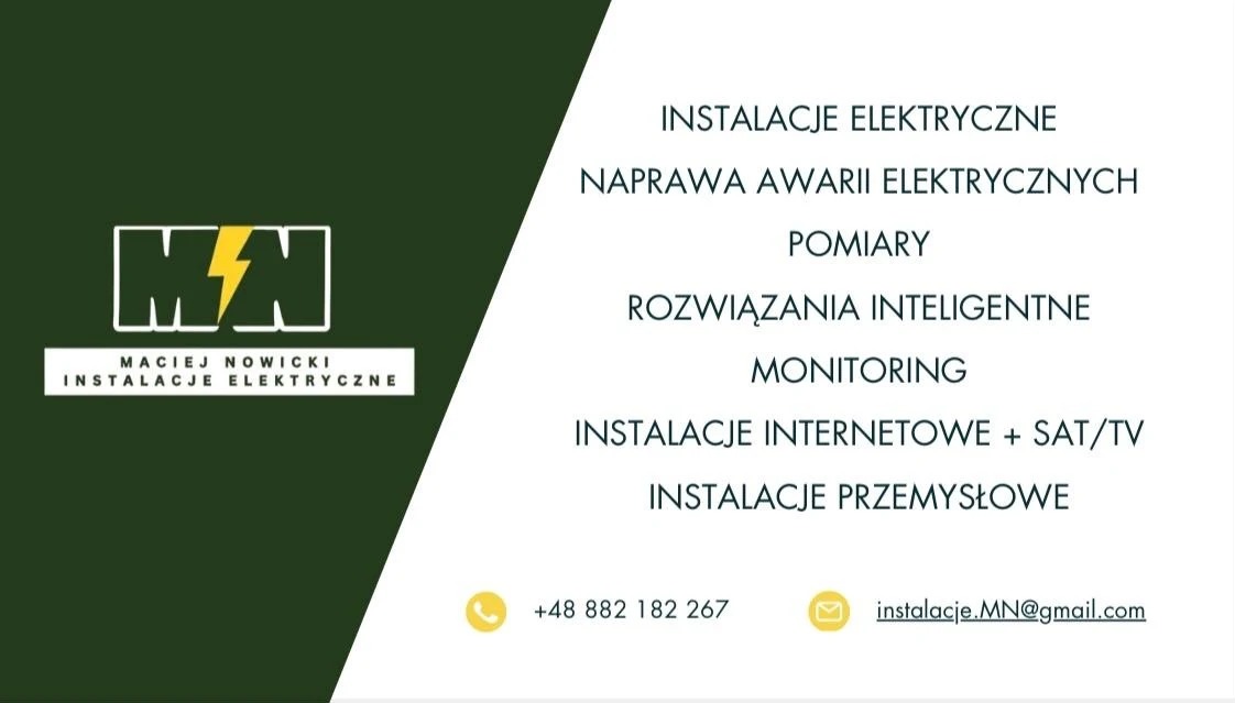 Grafika z logo firmy MN Maciej Nowicki Instalacje Elektryczne, oferującej instalacje, naprawy, pomiary, rozwiązania inteligentne, monitoring, instalacje internetowe i przemysłowe.