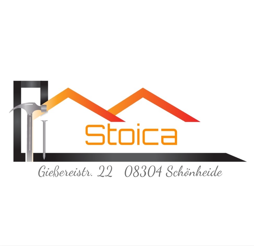 Grafika z logo firmy Stoica: stylizowany dach, młotek, gwóźdź i adres Gießereistr. 22, 08304 Schönheide. Kolory: pomarańczowy, szary, czarny. Minimalistyczny design.