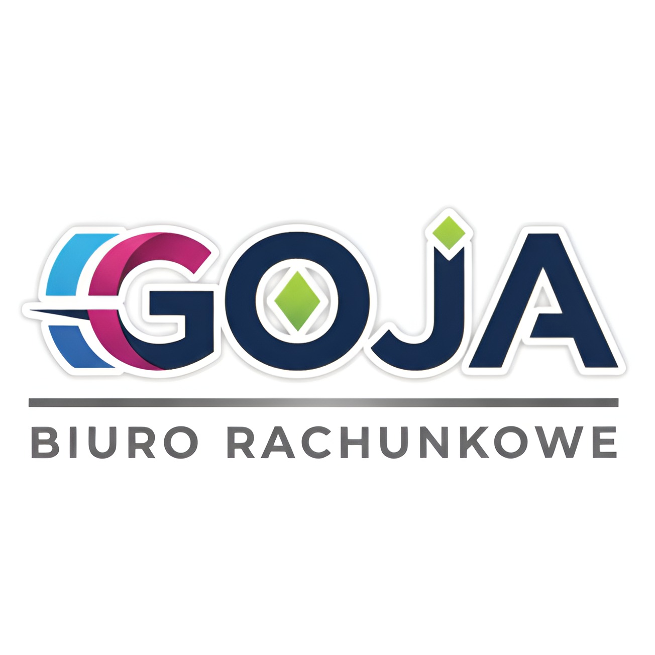 Logo biura rachunkowego GOJA z nowoczesną typografią i zielonym akcentem w kształcie rombu, podkreślone napisem 'BIURO RACHUNKOWE'.