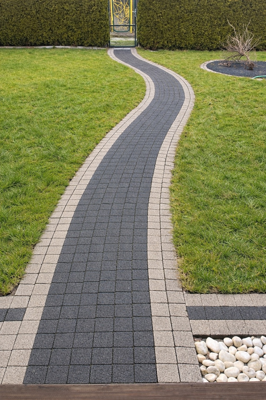 Kręta ścieżka z kostki brukowej w odcieniach szarości i beżu, otoczona zielonym trawnikiem, prowadząca do metalowej bramki w tle. Widok z perspektywy pieszego.