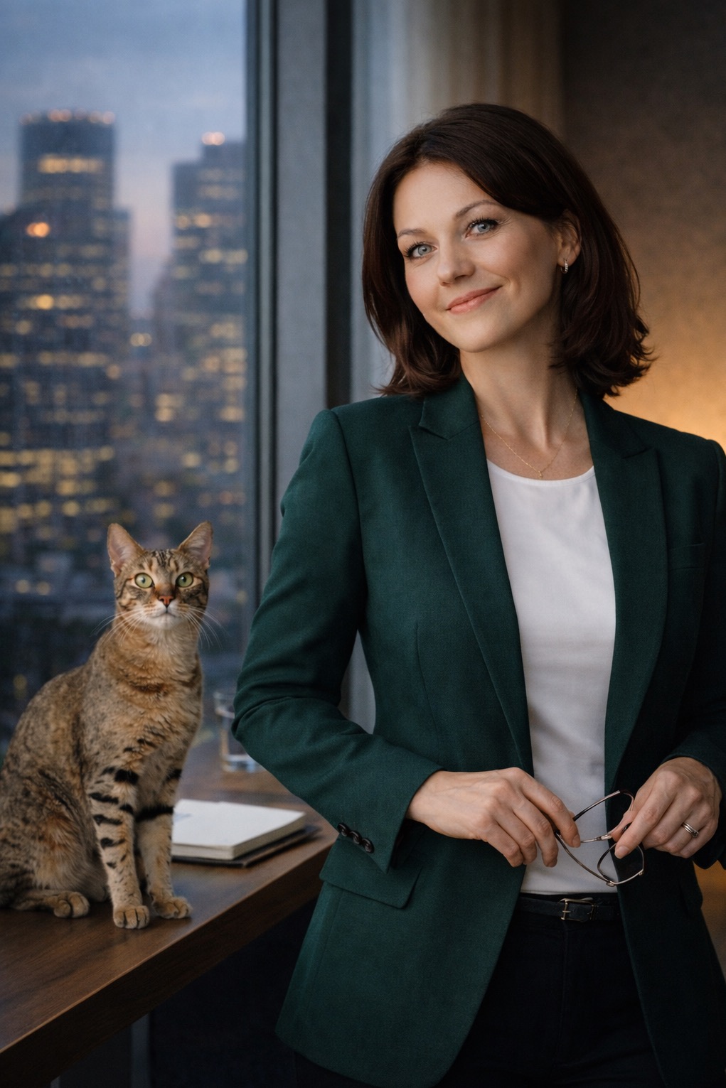 Portret kobiety w zielonej marynarce, trzymającej okulary, z kotem siedzącym na biurku na tle panoramy miasta nocą. Profesjonalny wizerunek.