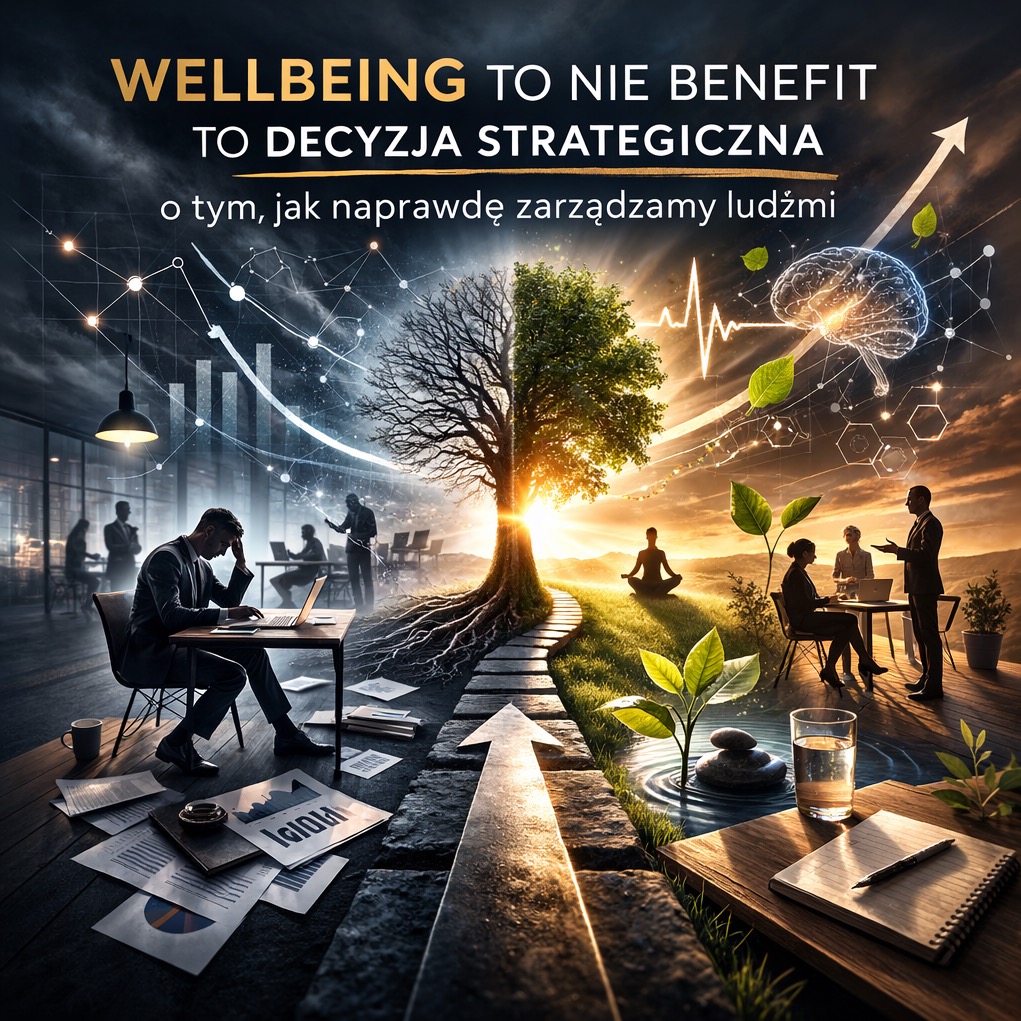 Grafika koncepcyjna: wellbeing w biznesie. Połączenie pracy biurowej i natury, symbolizujące strategiczne zarządzanie ludźmi. Wykresy, drzewo, medytacja, biuro.