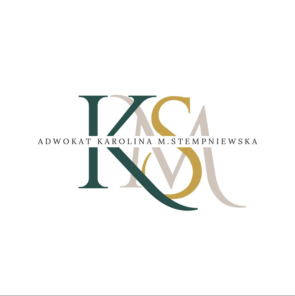 Eleganckie logo kancelarii adwokackiej: inicjały KSM w kolorach zieleni, złota i beżu, z napisem 'Adwokat Karolina M. Stempniewska' na białym tle.