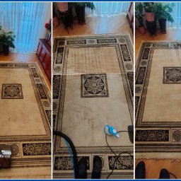 A&Y work Clean House - Etapy czyszczenia beżowego dywanu z wzorem w Radwanicach: przed, w trakcie z użyciem odkurzacza piorącego i po zabiegu. Widoczne różnice w czystości.