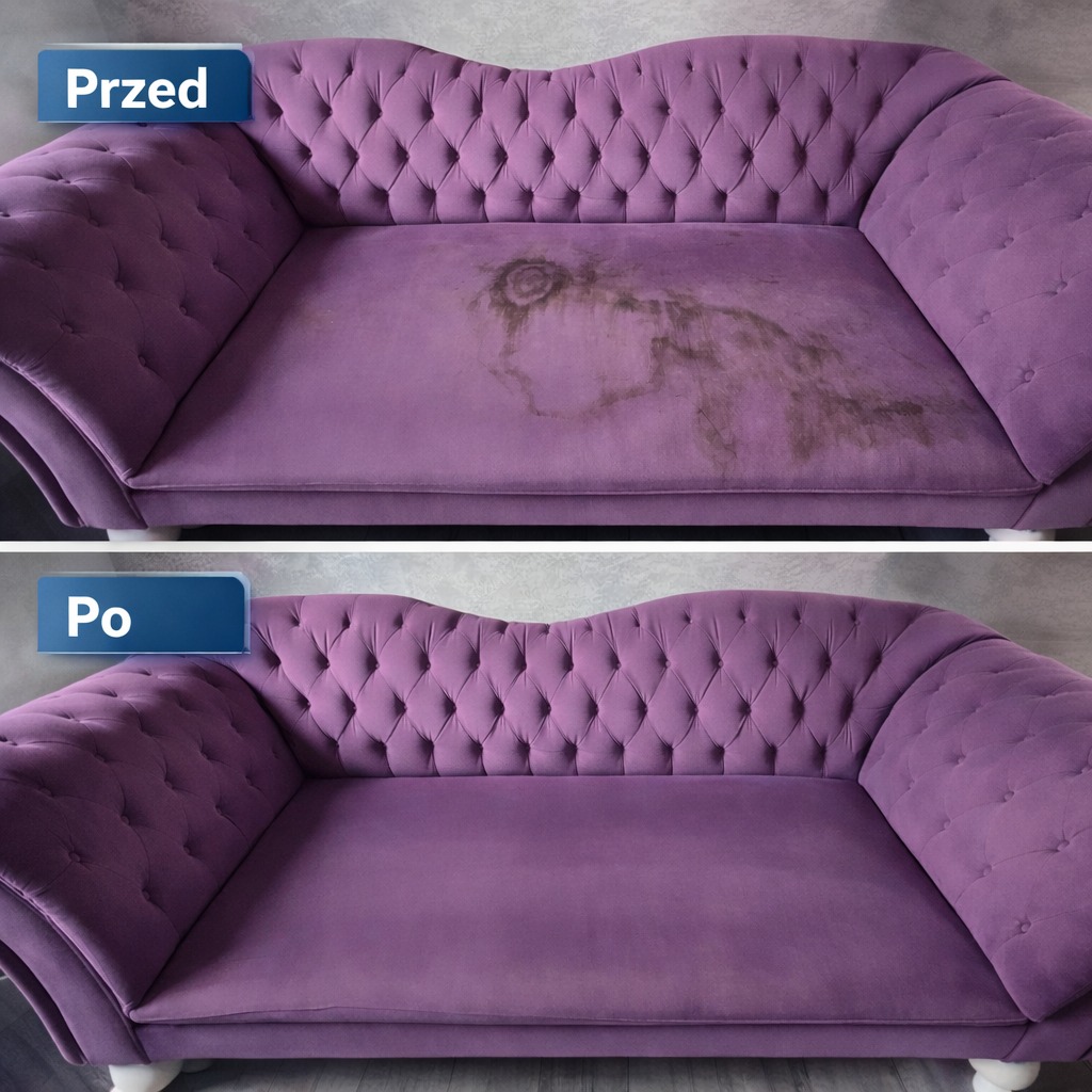 Fioletowa sofa typu chesterfield: widok 'przed' z wyraźnymi plamami i 'po' - czysta, odświeżona tapicerka. Efekt czyszczenia tapicerki meblowej.