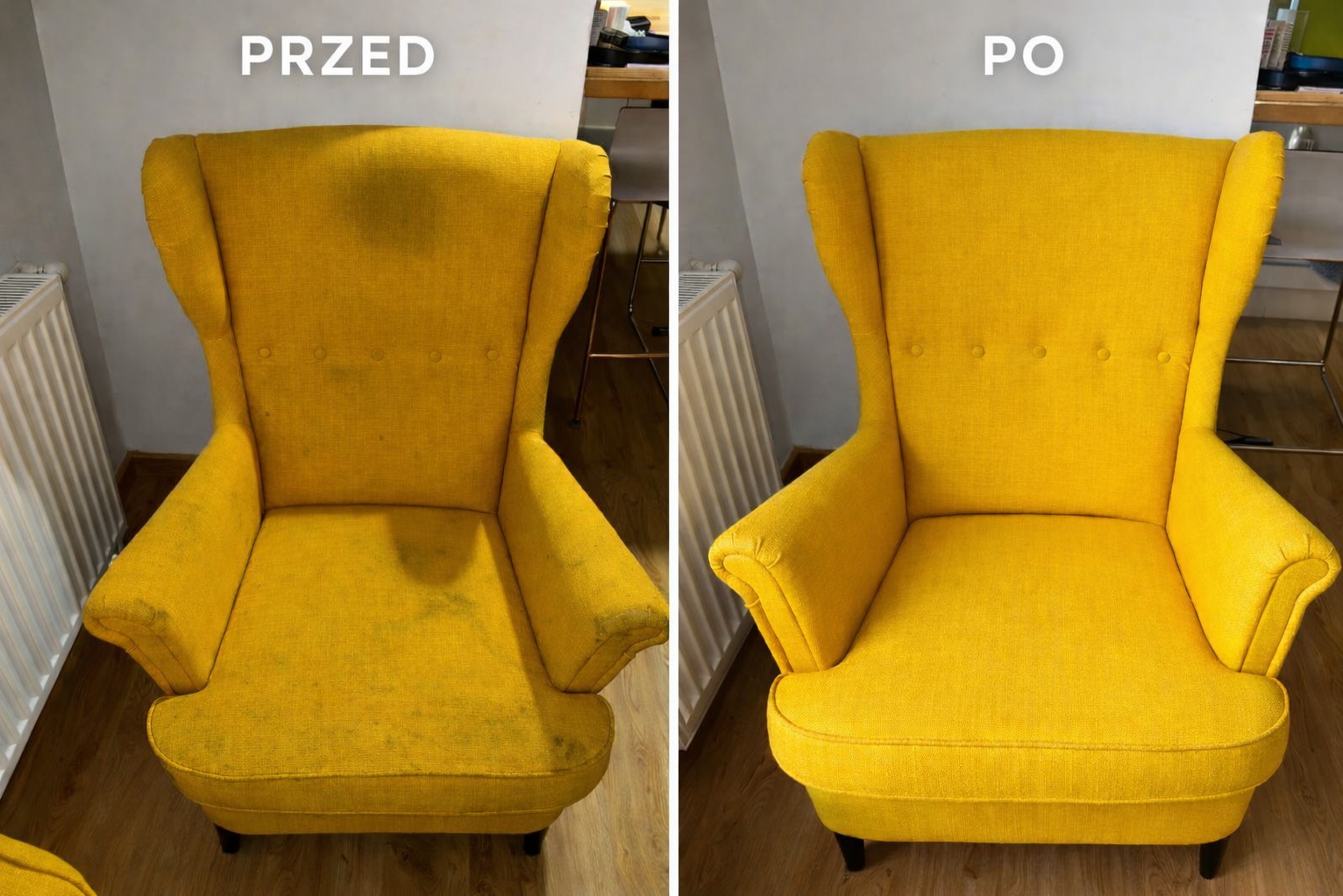 Żółty fotel typu uszak przed i po praniu tapicerki. Po lewej widoczne plamy, po prawej czysty, odświeżony materiał. Efekt czyszczenia tapicerki.