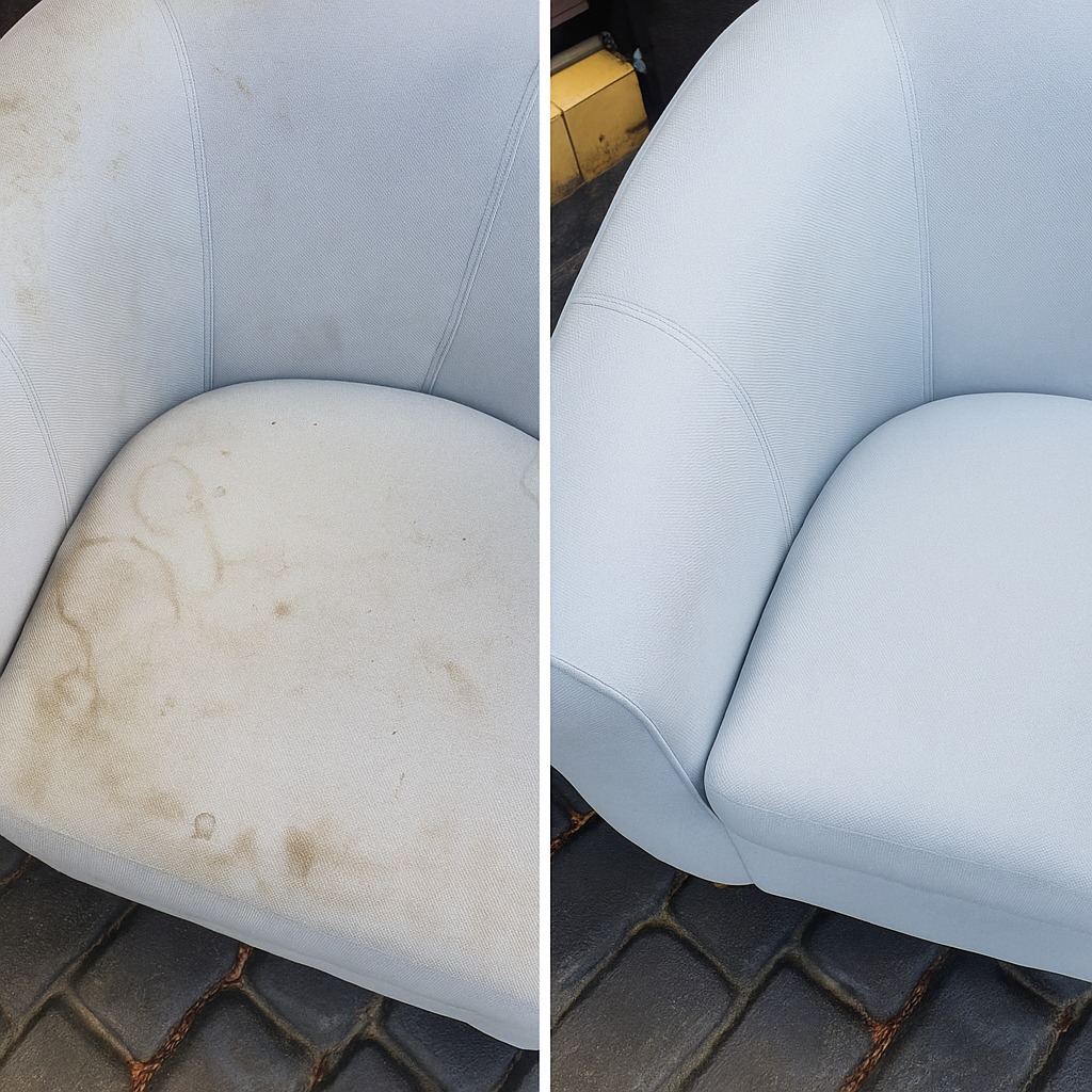 Fotel tapicerowany w odcieniach szarości, podzielony na dwie części: po lewej stronie widoczne zabrudzenia, po prawej - efekt po czyszczeniu, ukazujący odświeżoną tapicerkę.