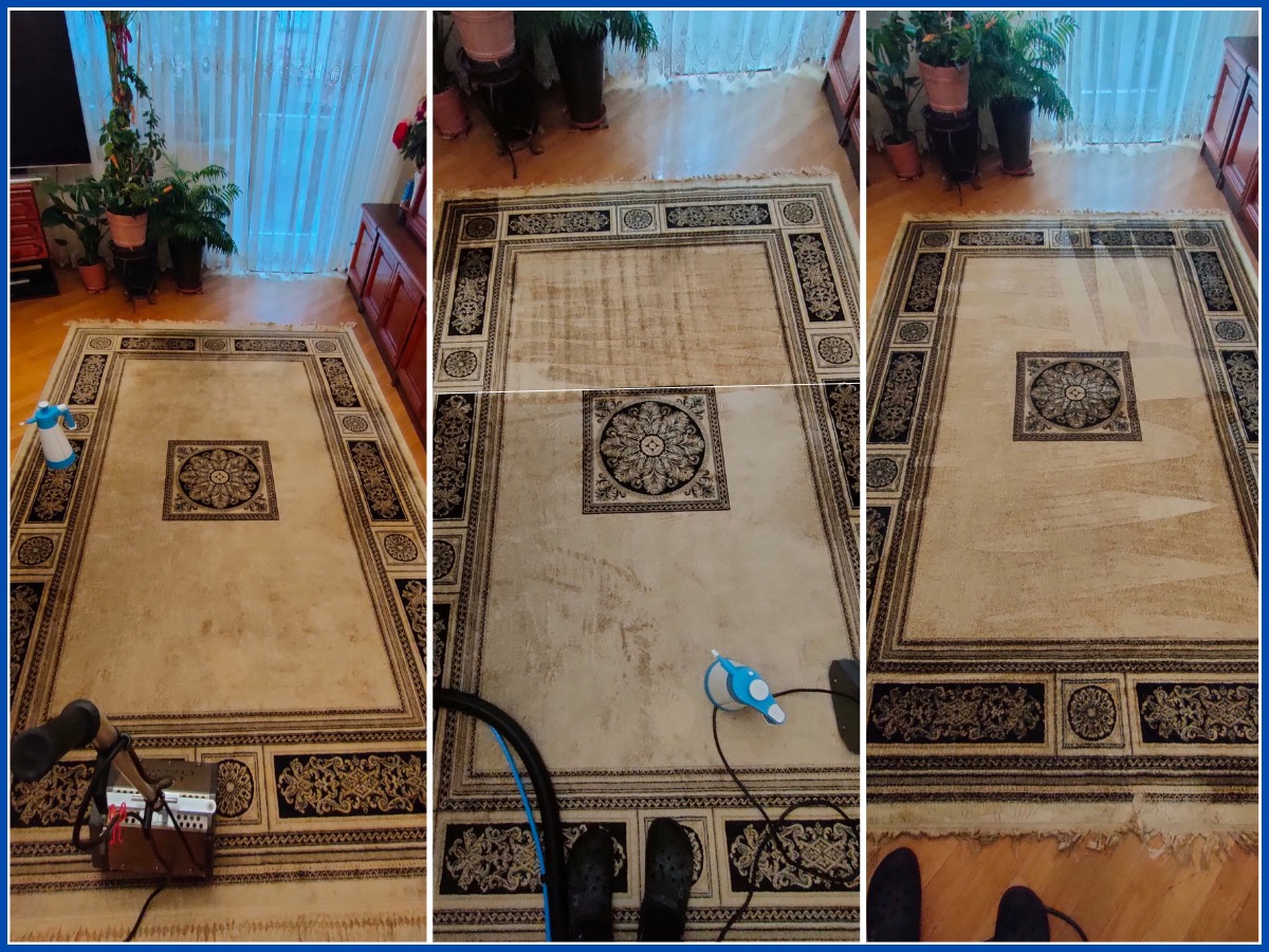 Etapy czyszczenia beżowego dywanu z wzorem w Radwanicach: przed, w trakcie z użyciem odkurzacza piorącego i po zabiegu. Widoczne różnice w czystości.