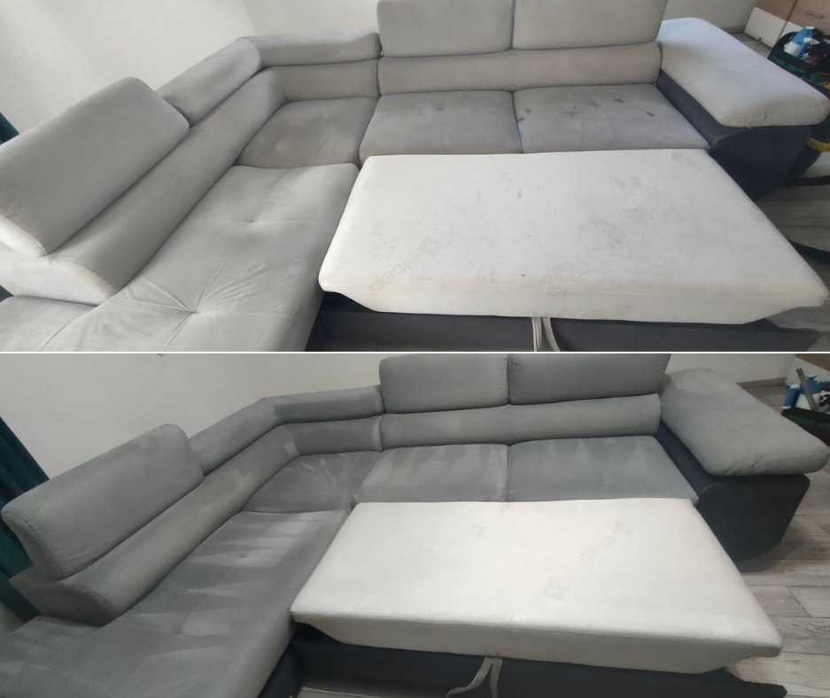 Szary narożnik modułowy przed i po czyszczeniu, widoczne różnice w odcieniach i plamach na tapicerce. Górne ujęcie prezentuje stan przed, dolne po.