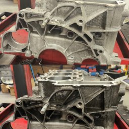 ELASER - Blok silnika przed i po czyszczeniu w Olszewnicy Starej. Widoczne różnice w wyglądzie metalu po procesie czyszczenia, detale konstrukcyjne bloku.